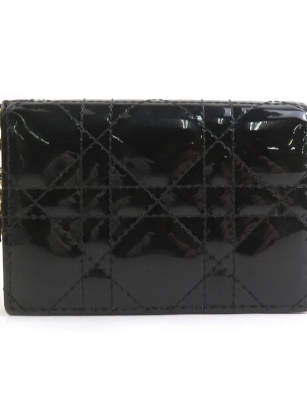 Christian Dior Cannage Card Case Holder Black/Gold Patent Leather -